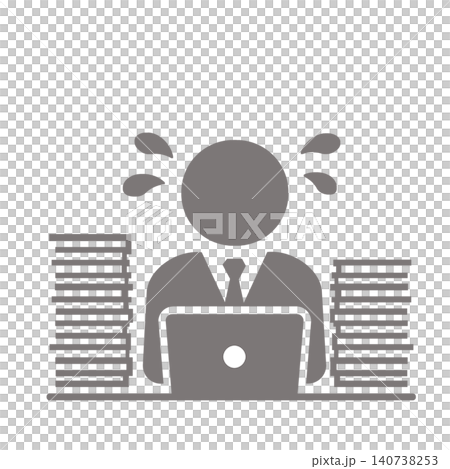 A pictogram (gray) of an office worker overwhelmed with a large amount of paperwork and computer work. 140738253