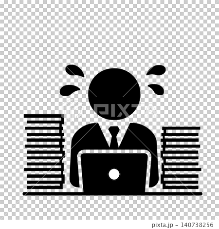 A pictogram (in black) of an office worker overwhelmed with a large amount of paperwork and computer work. A pictogram (in black) of an office worker overwhelmed with a large amount of paperwork and computer work. 140738256