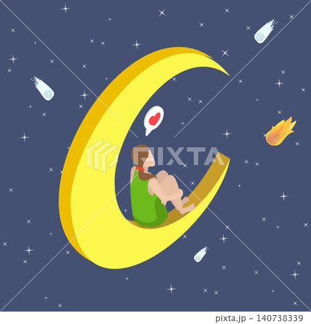 3D Isometric Flat Vector Illustration of Dreaming In Starfall, Woman Gazes At Star-Filled Sky, Seated On Crescent, Wishing On Shooting Stars. 140738339
