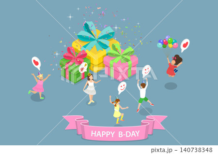 3D Isometric Flat Vector Illustration of Kids Birthday Party, Happy Children 140738348