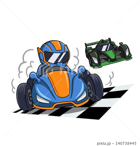 Cartoon illustration of a blue go-kart driver crossing the checkered finish line next to a green car. Cartoon illustration of a blue go-kart driver crossing the checkered finish line next to a green car. 140738445