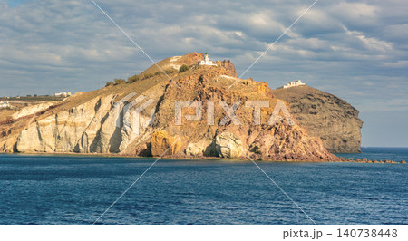 Rocky Coast and Chapel on Santorini Caldera Island Greece Rocky Coast and Chapel on Santorini Caldera Island Greece 140738448