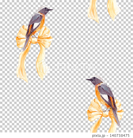 Watercolor seamless pattern with birds perched on golden ribbon bows. Hand painted wildlife design on white background for fabric, wallpaper, wrapping paper, stationery, textiles and surface patterns Watercolor seamless pattern with birds perched on golden ribbon bows. Hand painted wildlife design on white background for fabric, wallpaper, wrapping paper, stationery, textiles and surface patterns 140738475