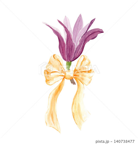 Watercolor magnolia blossom decorated with golden ribbon bow. Hand painted floral element isolated on white background perfect for wedding stationery, branding, invitations, cards, packaging and decor 140738477