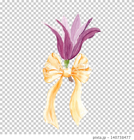 Watercolor magnolia blossom decorated with golden ribbon bow. Hand painted floral element isolated on white background perfect for wedding stationery, branding, invitations, cards, packaging and decor 140738477