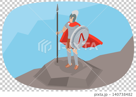 3D Isometric Flat Illustration of Spartan Warrior, With Shield And Spear, Standing Proudly 3D Isometric Flat Illustration of Spartan Warrior, With Shield And Spear, Standing Proudly 140738482