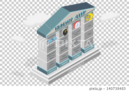 3D Isometric Flat Illustration of Healthy Sleep, Key Elements Foundation as Environment, Routine, Lifestyle, Mindset, And Habits. 3D Isometric Flat Illustration of Healthy Sleep, Key Elements Foundation as Environment, Routine, Lifestyle, Mindset, And Habits. 140738483