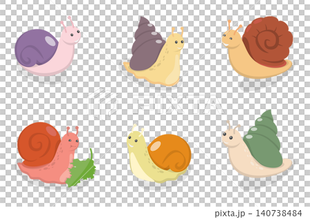 3D Isometric Flat Set of Kawaii Snails, Funny Cartoon Mollusks 3D Isometric Flat Set of Kawaii Snails, Funny Cartoon Mollusks 140738484