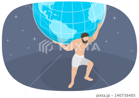 3D Isometric Flat  Illustration of Atlas, Greek Titan, Holding Celestial Heavens For Eternity 140738485