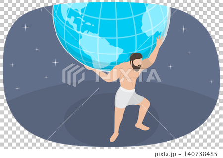 3D Isometric Flat  Illustration of Atlas, Greek Titan, Holding Celestial Heavens For Eternity 140738485