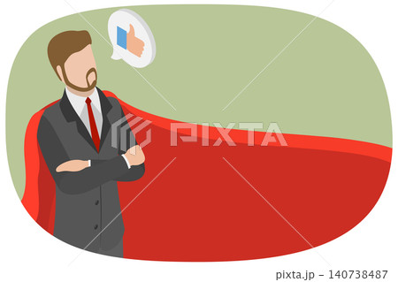 3D Isometric Flat  Illustration of Businessman-superhero, Strikes A Gallant Pose In Magnificent Red Cape 140738487