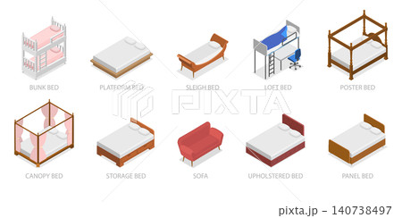 3D Isometric Flat  Set of Beds, Visual Guide To Various Bed Types 140738497