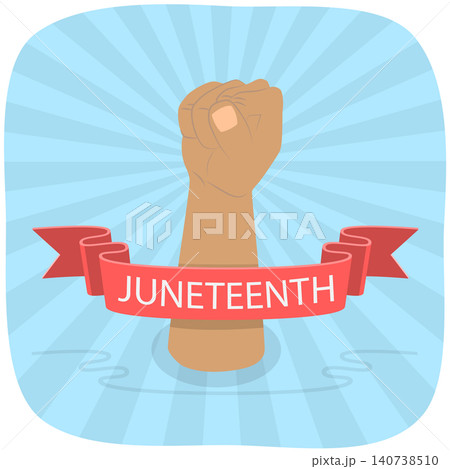 3D Isometric Flat  Illustration of Freedom, Celebrating Juneteenth With Raised Fist And Ribbon Imagery. 140738510