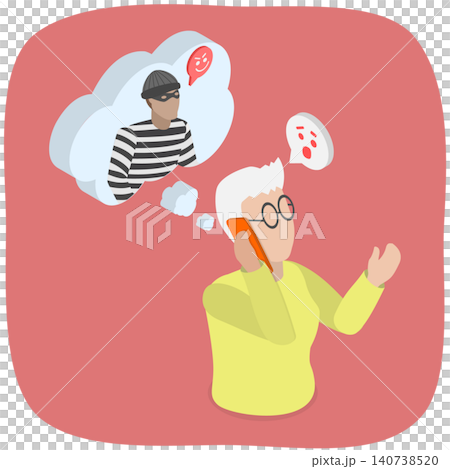 3D Isometric Flat Illustration of Phone Scam, Senior Woman Conversing With Scammer Attempting To Obtain Bank Account Password 3D Isometric Flat Illustration of Phone Scam, Senior Woman Conversing With Scammer Attempting To Obtain Bank Account Password 140738520