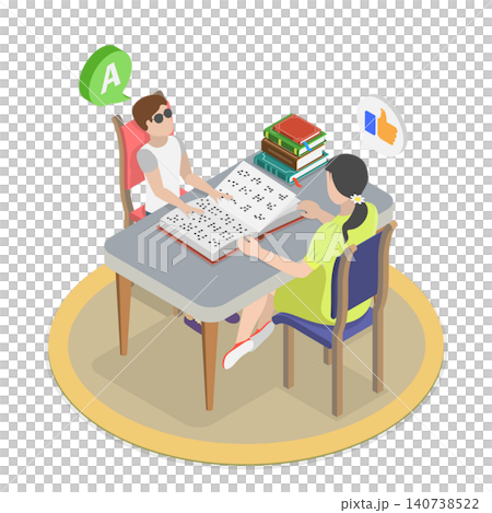 3D Isometric Flat Illustration of Braille Book Reading, Teacher And Special Needs Student Promote Education And Inclusion 3D Isometric Flat Illustration of Braille Book Reading, Teacher And Special Needs Student Promote Education And Inclusion 140738522