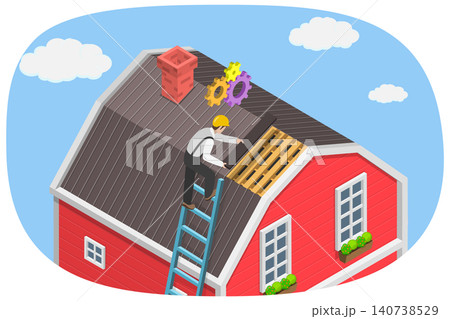 3D Isometric Flat  Illustration of Roof Renovation, Building Repair 140738529