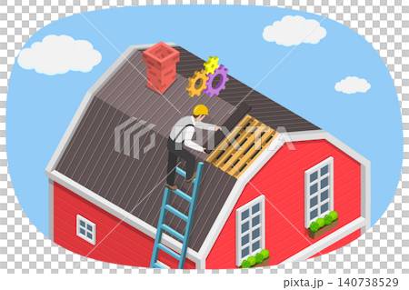 3D Isometric Flat  Illustration of Roof Renovation, Building Repair 140738529