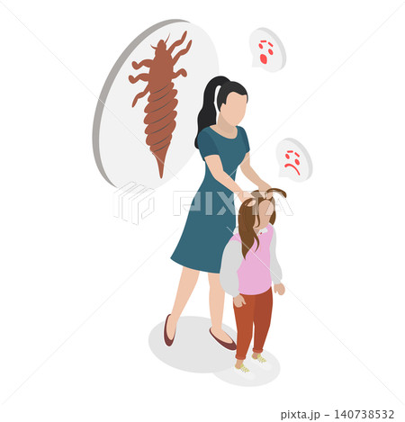 3D Isometric Flat Illustration of Pediculosis, Mother Searching For Lice In Child Hair Due To Parasite Infection 3D Isometric Flat Illustration of Pediculosis, Mother Searching For Lice In Child Hair Due To Parasite Infection 140738532