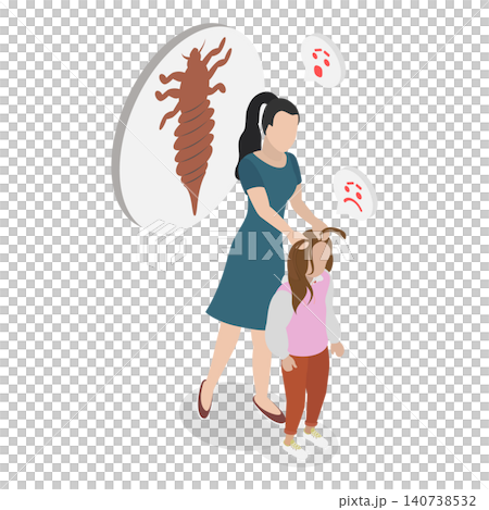 3D Isometric Flat Illustration of Pediculosis, Mother Searching For Lice In Child Hair Due To Parasite Infection 3D Isometric Flat Illustration of Pediculosis, Mother Searching For Lice In Child Hair Due To Parasite Infection 140738532