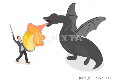 3D Isometric Flat Illustration of Courage, A Businessman Battling A Dragon 3D Isometric Flat Illustration of Courage, A Businessman Battling A Dragon 140738551