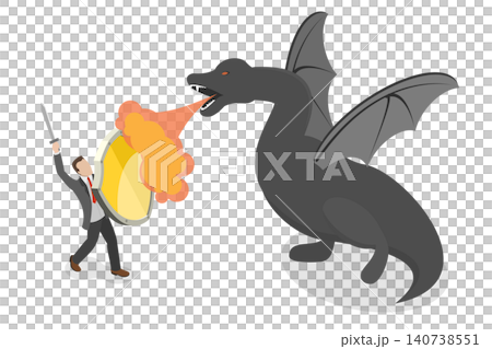 3D Isometric Flat  Illustration of Courage, A Businessman Battling A Dragon 140738551
