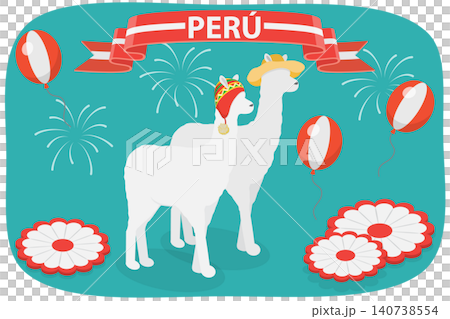 3D Isometric Flat  Illustration of Peruvian Independence Day, With Flags and National Attributes 140738554