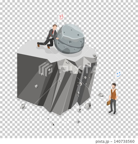 3D Isometric Flat  Illustration of Sabotage, Businessman Using Rock To Eliminate Competitor In Business Feud 140738560