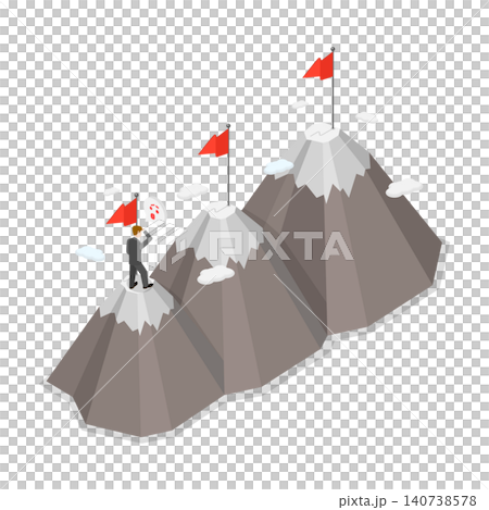 3D Isometric Flat  Illustration of Career Journey, Motivated Businessman Climbs Mountain Peak To Achieve Higher Targets And Success. 140738578