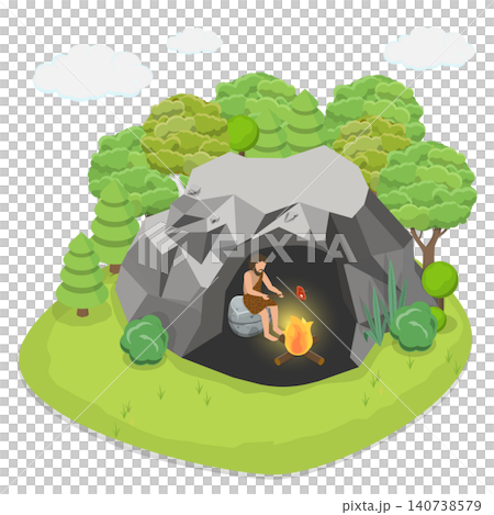 3D Isometric Flat Illustration of Caveman, Primitive Man Prepares Meals In Underground Dwellings. 3D Isometric Flat Illustration of Caveman, Primitive Man Prepares Meals In Underground Dwellings. 140738579