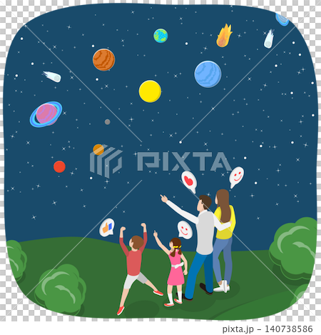3D Isometric Flat  Illustration of Happy Family, Gazing At Twinkling Night Sky While Intertwined. 140738586