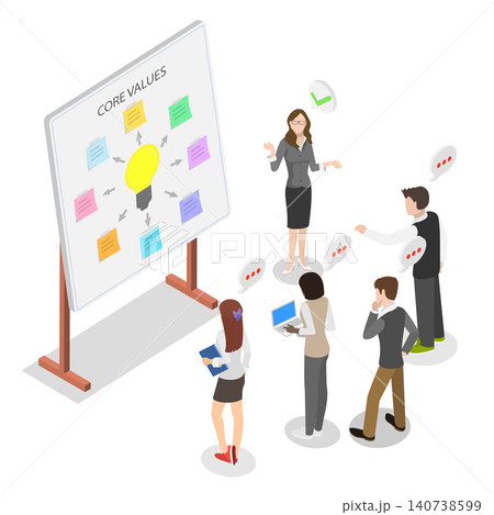 3D Isometric Flat Illustration of Core Principles, Business Team Defining Core Values On Whiteboard For Company Culture. 3D Isometric Flat Illustration of Core Principles, Business Team Defining Core Values On Whiteboard For Company Culture. 140738599