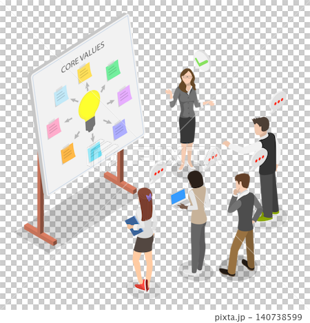 3D Isometric Flat Illustration of Core Principles, Business Team Defining Core Values On Whiteboard For Company Culture. 3D Isometric Flat Illustration of Core Principles, Business Team Defining Core Values On Whiteboard For Company Culture. 140738599