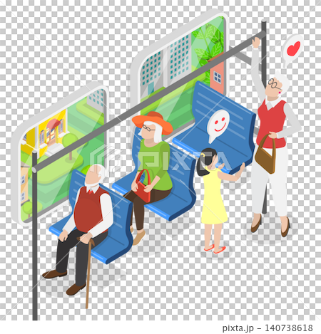 3D Isometric Flat  Illustration of Courteous Kid, Young Girl Shows Respect By Offering Seat To Elderly Woman 140738618