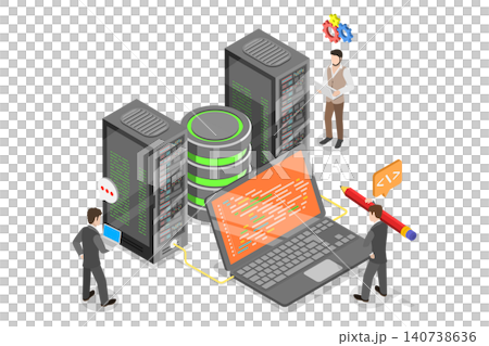 3D Isometric Flat  Illustration of Server Configuring, Technician Diagnosing Computer And Power Supply 140738636