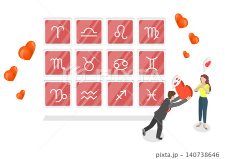 3D Isometric Flat  Illustration of Love Horoscope, Woman Choosing Sexual Partner Or Future Husband Near Zodiac Signs. 140738646