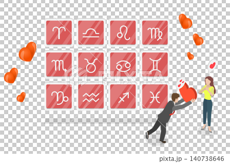3D Isometric Flat Illustration of Love Horoscope, Woman Choosing Sexual Partner Or Future Husband Near Zodiac Signs. 3D Isometric Flat Illustration of Love Horoscope, Woman Choosing Sexual Partner Or Future Husband Near Zodiac Signs. 140738646