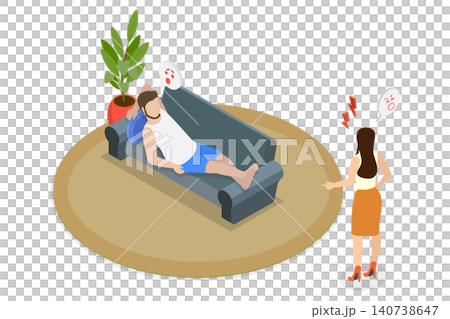 3D Isometric Flat Illustration of Lazy Husband , Argument Between Man and Woman Over Work Refusal While Lounging On Couch 3D Isometric Flat Illustration of Lazy Husband , Argument Between Man and Woman Over Work Refusal While Lounging On Couch 140738647