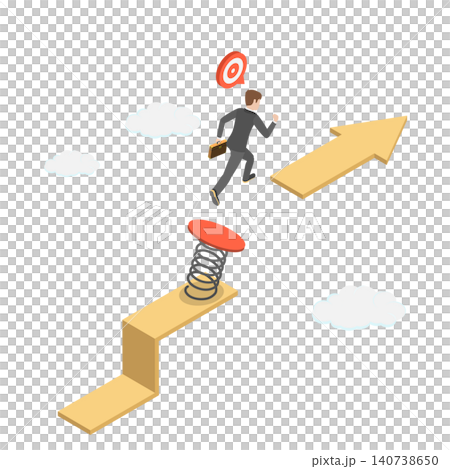 3D Isometric Flat  Illustration of Overcoming An Obstacle, Jumping Over Gap Arrow As Symbol Of Risk 140738650