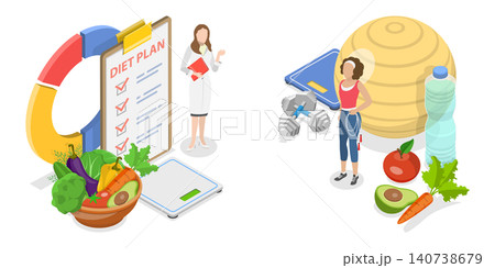 3D Isometric Flat Illustration of Healthy Diet, Healthy Eating Recommendations. 3D Isometric Flat Illustration of Healthy Diet, Healthy Eating Recommendations. 140738679