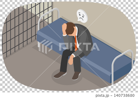 3D Isometric Flat  Illustration of White Collar In Jail, Behind Metal Bars 140738680