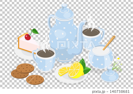 3D Isometric Flat  Illustration of Tea Time, Hot Drink, Desserts, And Cookies. 140738681