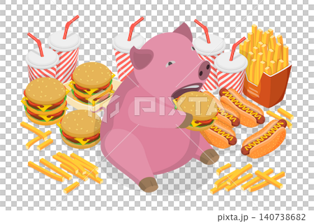 3D Isometric Flat  Illustration of Eating Fat Pig, Joyful Chubby Piggy Eating Junk Food With A Smile On Its Face. 140738682
