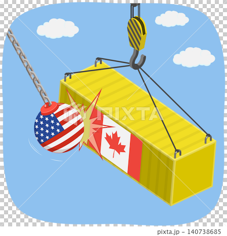 3D Isometric Flat Illustration of USA-Canada Trade War, Wrecking Ball Crushes Canadian Cargo Container. 3D Isometric Flat Illustration of USA-Canada Trade War, Wrecking Ball Crushes Canadian Cargo Container. 140738685