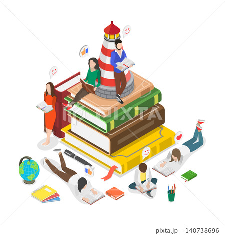 3D Isometric Flat Illustration of Knowledge Is The Key, A Pile Of Books and a Bunch of Readers 3D Isometric Flat Illustration of Knowledge Is The Key, A Pile Of Books and a Bunch of Readers 140738696