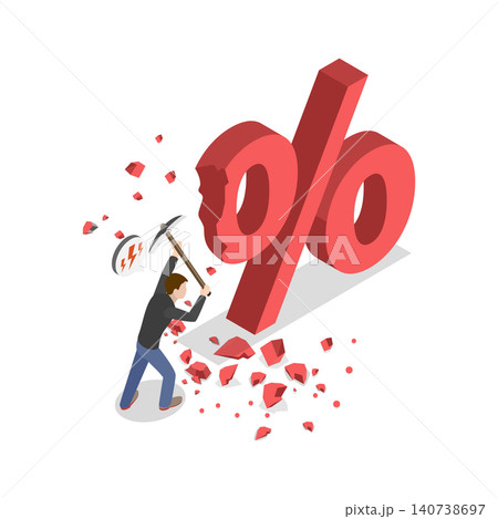 3D Isometric Flat  Illustration of Price Reduction, Businessman With Sledgehammer Smashes Percentage Symbol - A Metaphor For Financial Success. 140738697