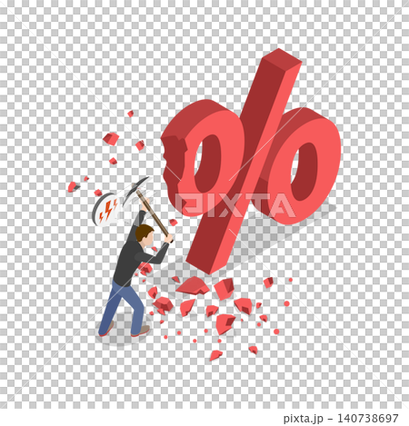 3D Isometric Flat  Illustration of Price Reduction, Businessman With Sledgehammer Smashes Percentage Symbol - A Metaphor For Financial Success. 140738697