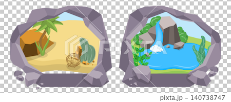 3D Isometric Flat Illustration of Cave From Inside, Panoramic Vista From Stone Cave Entrance 3D Isometric Flat Illustration of Cave From Inside, Panoramic Vista From Stone Cave Entrance 140738747
