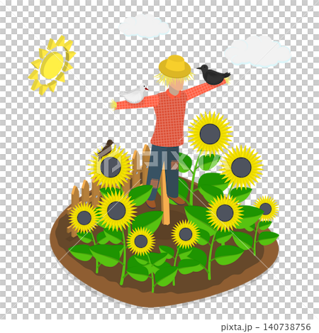 3D Isometric Flat  Illustration of Scarecrow, Sunflowers And Scarecrow: A Beautiful Pairing In The Field. 140738756