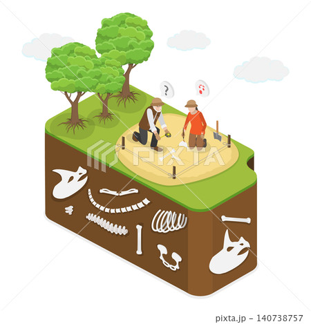 3D Isometric Flat Illustration of Paleontology, Archaeologists Uncovering Dinosaur Skeletons 3D Isometric Flat Illustration of Paleontology, Archaeologists Uncovering Dinosaur Skeletons 140738757