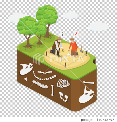 3D Isometric Flat  Illustration of Paleontology, Archaeologists Uncovering Dinosaur Skeletons 140738757